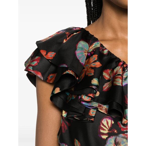 Ulla Johnson Adaleigh One Shoulder Floral Print Silk Top Black Size US 2 - Picture 5 of 12